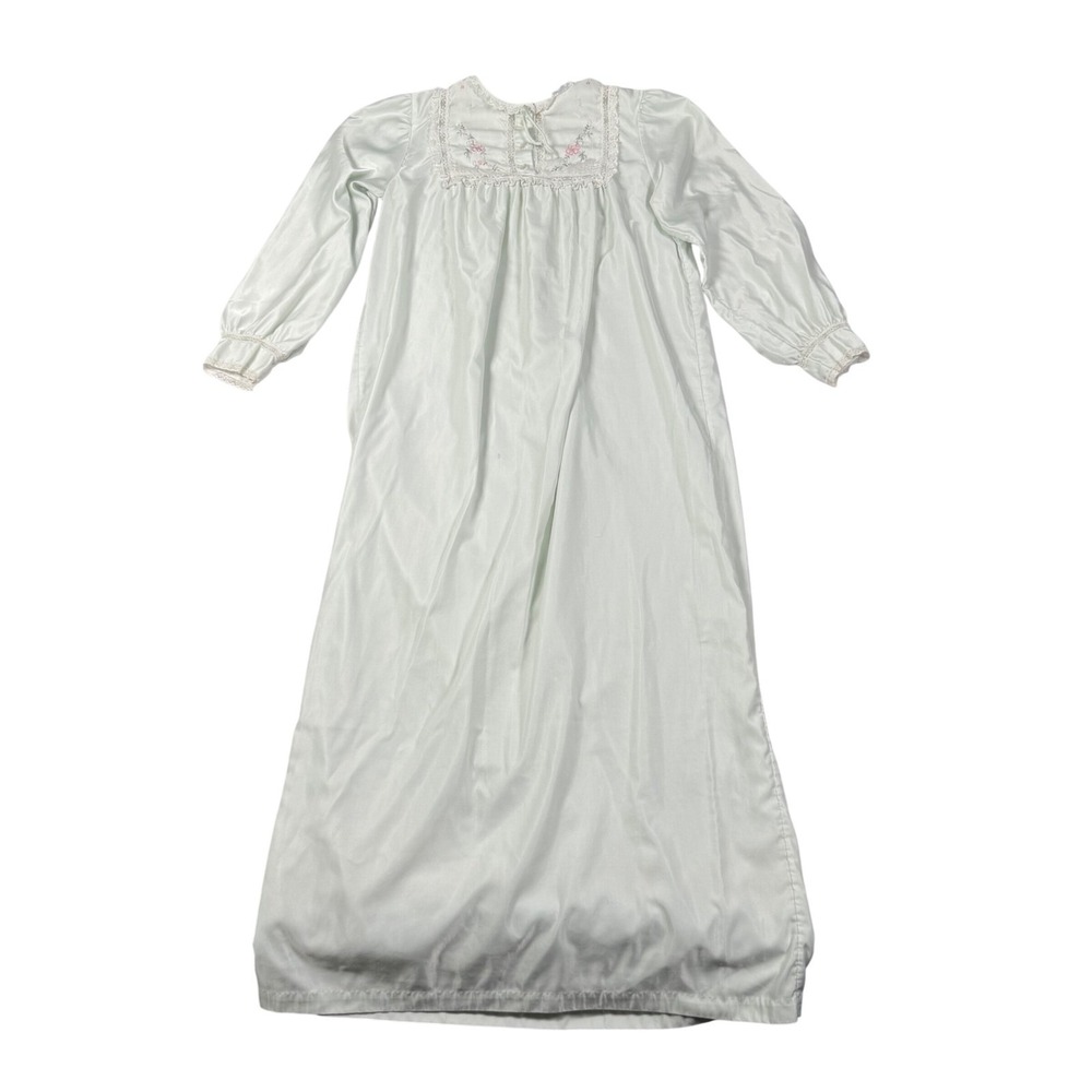 Vintage Barbizon Nightgown Mint Green Lace Floral Embroidered Long Sleeve Small